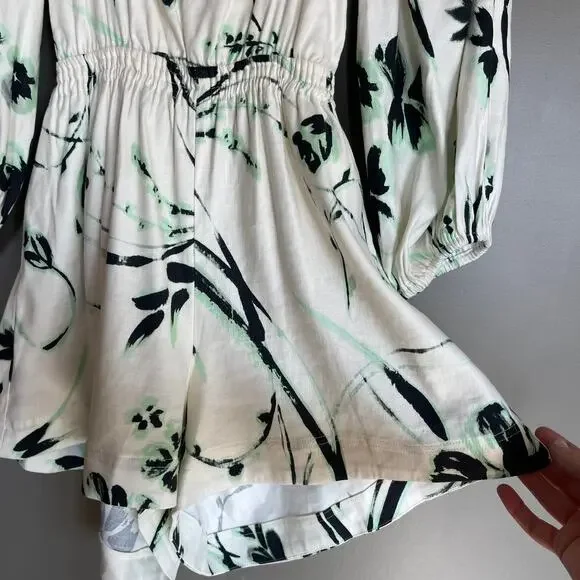 NWT Tanya Taylor‎ Stevie Romper Size Small Floral Linen Square Neck Puff Sleeve